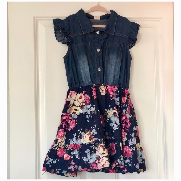 Other - Girls Ruffled Floral Denim Dress